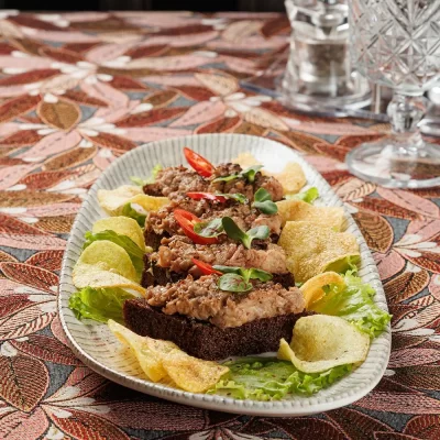 Белорусская закуска к пиву в виде бутербродов с фирменной копчёной рыбой (дикий толстолобик) и картофельными чипсами на жареном ржаном хлебе от Ресторана «Кухмистр»