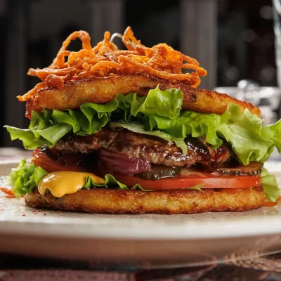 Дранбургер с говяжьей котлетой (сочная котлета между двумя фирменными драниками) с фирменным соусом, ломтиками свежего помидора, маринованных огурца и лука от Ресторана «Кухмистр»