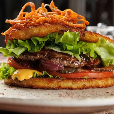 Дранбургер с говяжьей котлетой (сочная котлета между двумя фирменными драниками) с фирменным соусом, ломтиками свежего помидора, маринованных огурца и лука от Ресторана «Кухмистр»