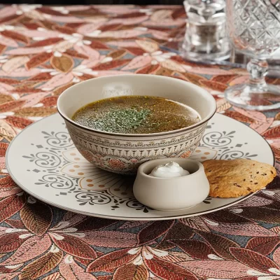 Белорусский суп из перловой крупы «Крупник» на овощном бульоне с белыми грибами и ржаными хлебцами от Ресторана «Кухмистр»