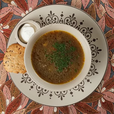 Белорусский суп из перловой крупы «Крупник» на овощном бульоне с белыми грибами и ржаными хлебцами от Ресторана «Кухмистр»